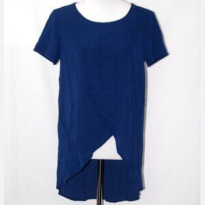 Womens Medium Dark Blue Textured Shirt Crossover Top High Low Polyester EUC  Thi
